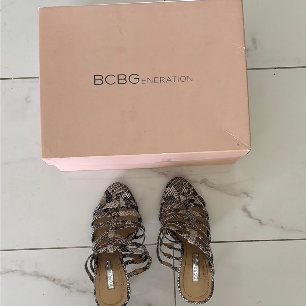 BCBGeneration Black and Tan Strappy Heels